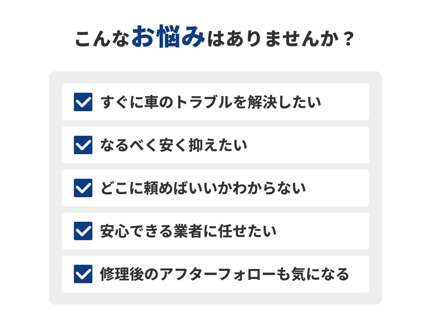 車のトラブルに関する悩みの例。すぐに解決したい、なるべく安く抑えたい、どこに依頼すればよいかわからない、安心できる業者に任せたい、修理後のアフターフォローが気になるといった内容。