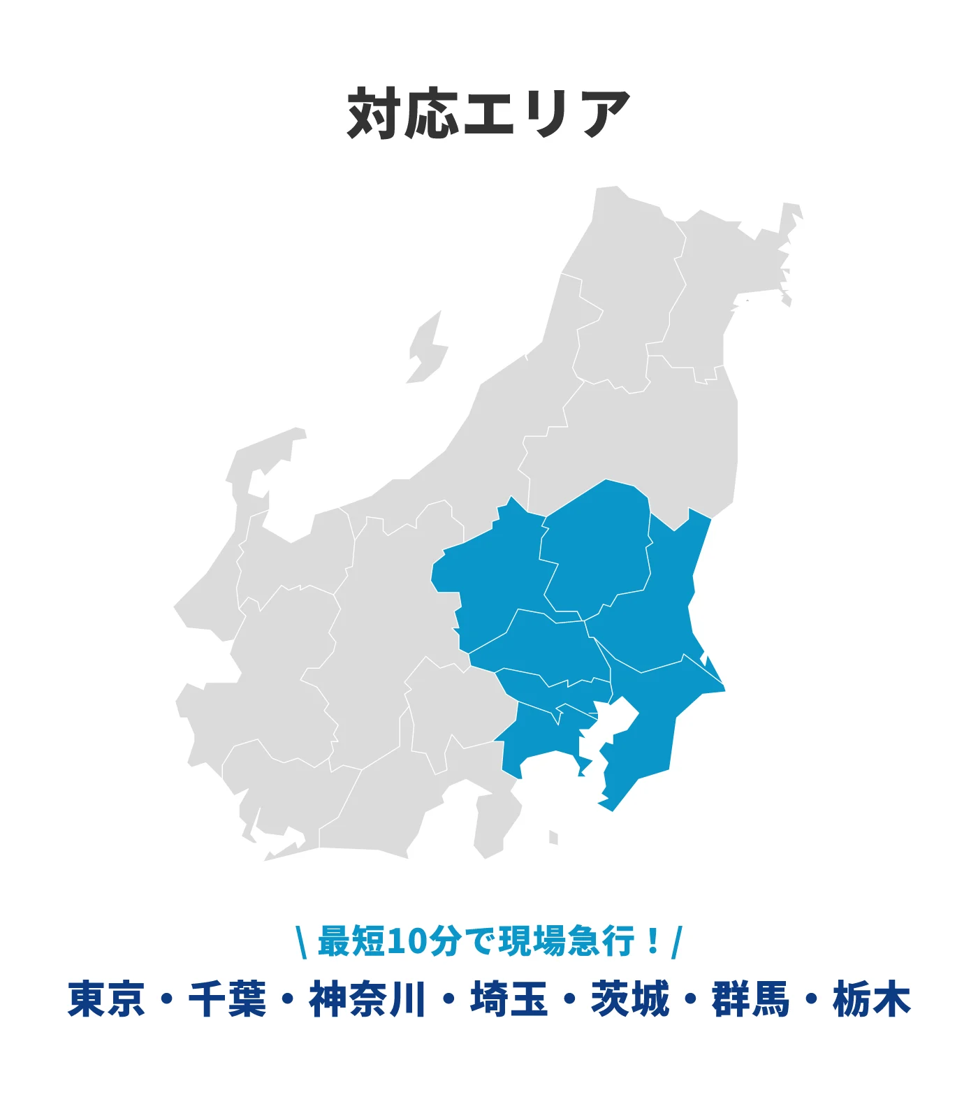 対応エリアの案内。東京・千葉・神奈川・埼玉・茨城・群馬・栃木に対応し、最短10分で現場へ急行可能な車のトラブル対応サービス。